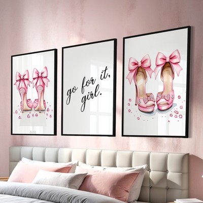 Mode Wandkunst Schönheit Absätze Make-up Drucke Mädchen Rosa Schlafzimmer Dekor 3er Set