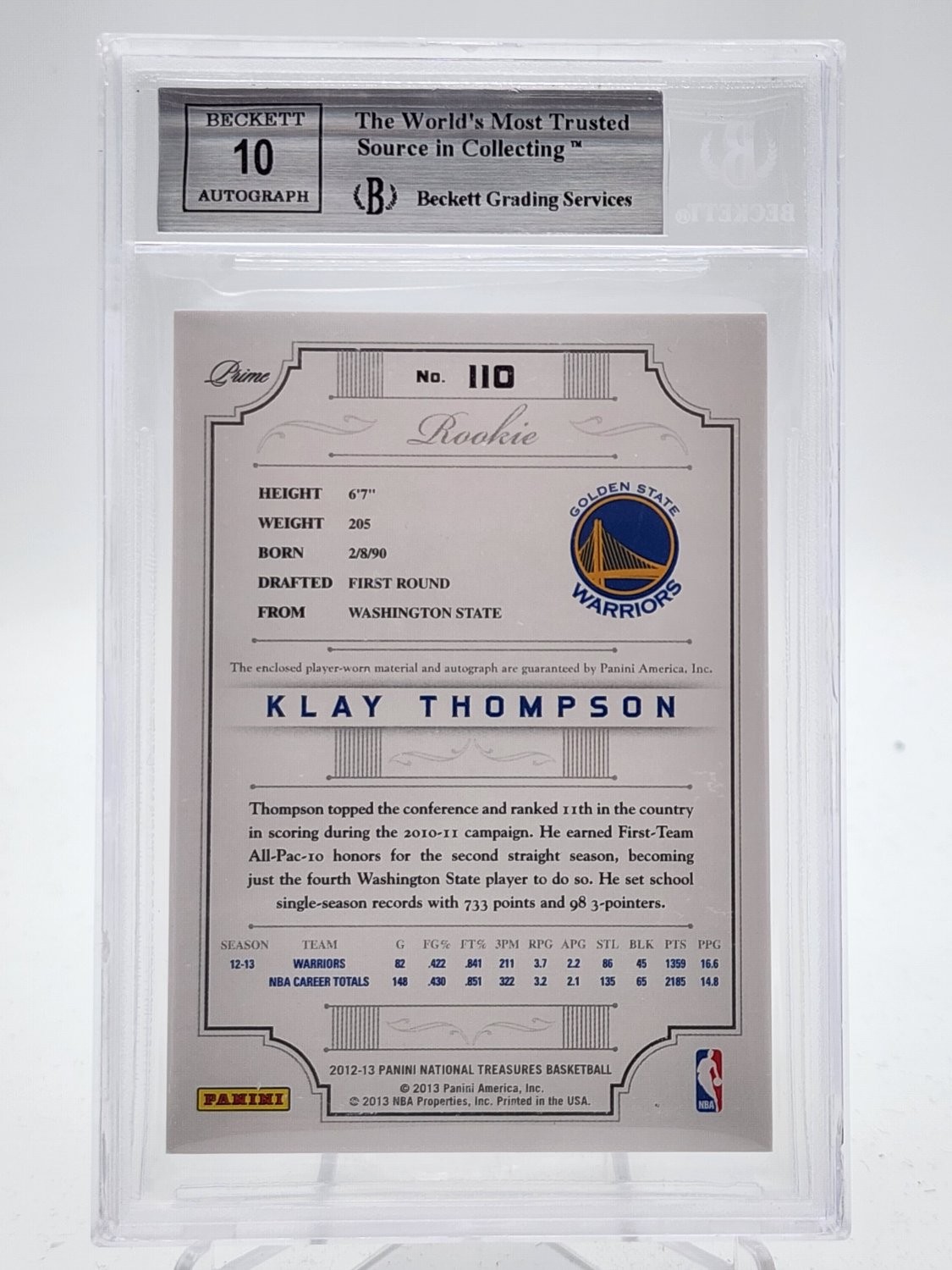 KLAY THOMPSON 2013-14 NATIONAL TREASURES RPA PATCH RC AUTO /199 BGS 9 Q3963-2 view 2