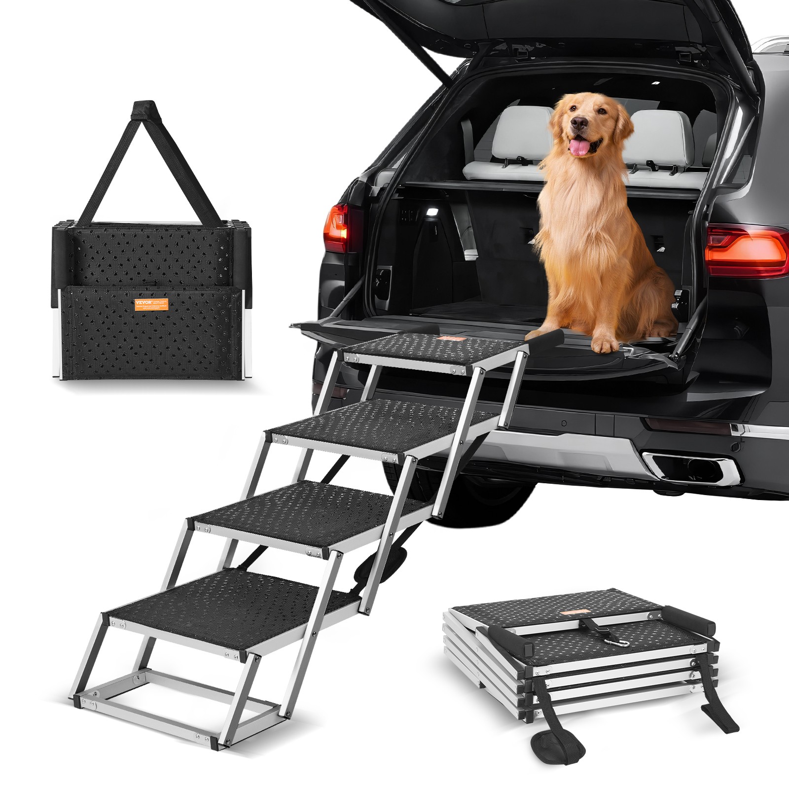 Escalier pour chien en aluminium aéronautique avec 4 marches antidérapantes noires