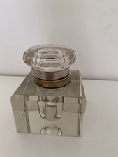 Ancien Encrier de Bureau en Verre Massif Taillé et Laiton Original Fin 19eme