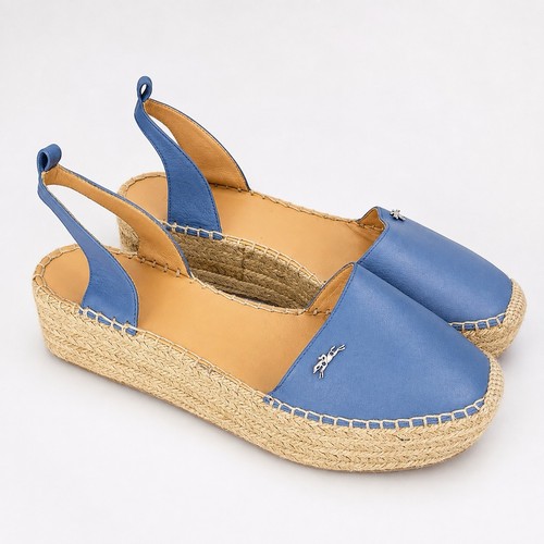 Longchamp Blue Calfskin Leather Platform Espadrille Sandals Size 41 / US 10