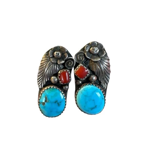 Foster Yazzie Navajo Sterling Silver Turquoise Coral Earrings
