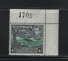 CYPRUS 1938 DEFINITIVE 45 PIASTRES MNH STAMP WITH CORNER MARGIN & CONTROL No