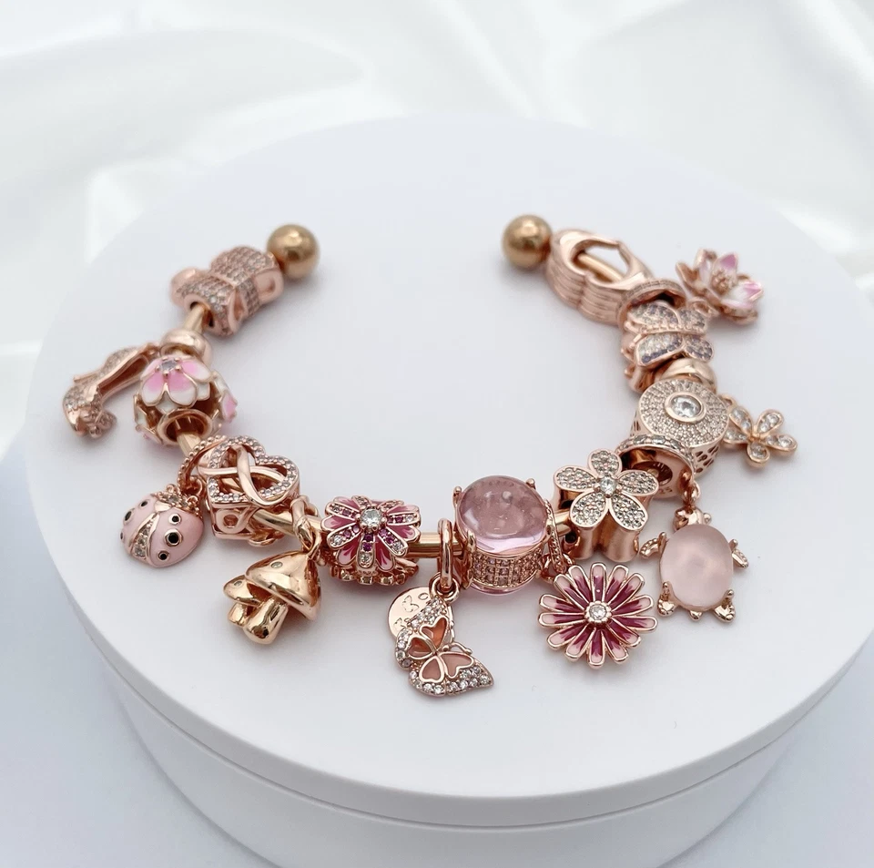 Linx Rose Gold Open Bangle with Rose Gold And Pink Zircon Themed Charms - Image 3 of 4