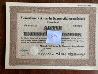 Lagerverkauf 100 Alexanderwerk A. von der Nahmer AG Remscheid 1937 100 RM VF