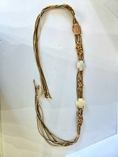 Vintage Macrame Shell Cord Leather Braided Belt w/ Wood Beads