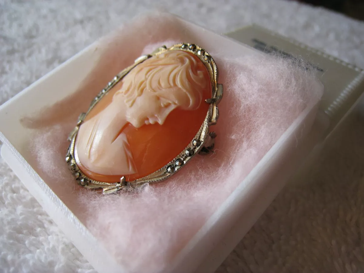 Vintage 800 Silver Shell Cameo Brooch and Pendant for Cameo