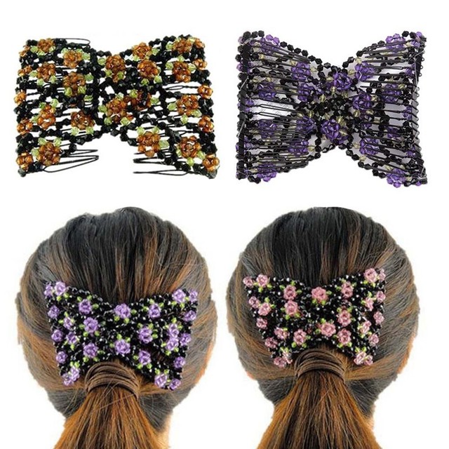 Double Hair Comb Crystal Beads Elasticity Clip Stretchy Combs Clips
