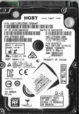 HGST HTS725050A7E630 500GB Sata Hard Drive P/N: 0J47815  MLC: DA7148