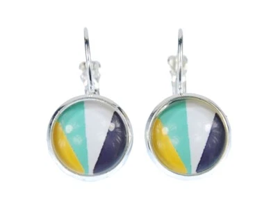 Buntes Streifen Muster Cabochon Rockabilly Miniblings Ohrringe Weiß Blau Grün - Bild 1 von 4