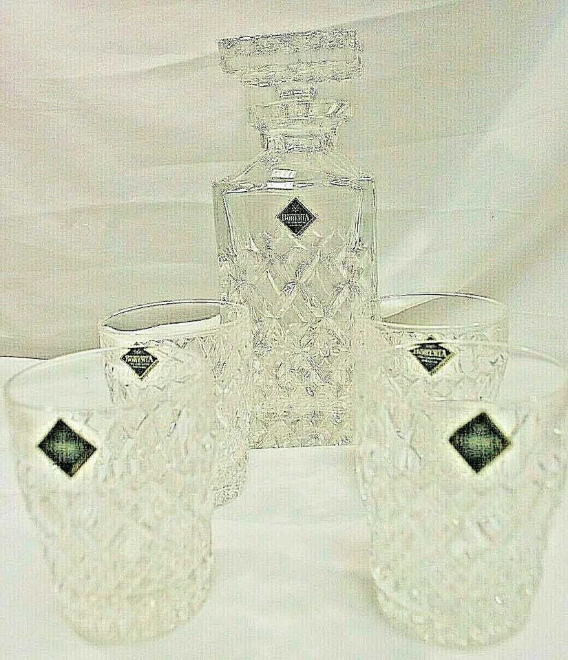 Bohemia Crystal Decanter and 4 Matching Glasses  Original Stickers No Box  S9191 - Image 2 of 4