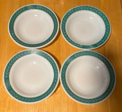 4 Vintage Corning Milk Glass Rimmed Soup Bowls Green Laurel Leaf
