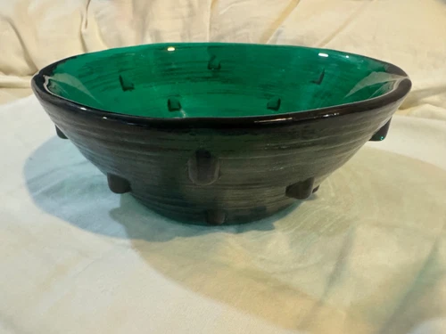 Beautiful Vintage Blenko Medium 6 1/4"  Emerald Green Studded Glass Bowl