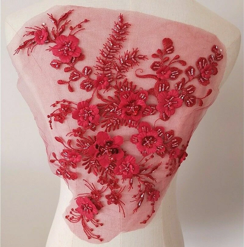 3D Floral Beaded Embroidery Lace Applique Patch Wedding Dress Cloth Decor Craft - Image 3 of 4
