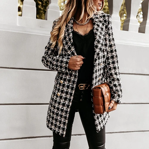 Women's Stylish Check Print Wool Blazer Coat Ladies Long Sleeve Collared Jacket - Picture 11 of 52