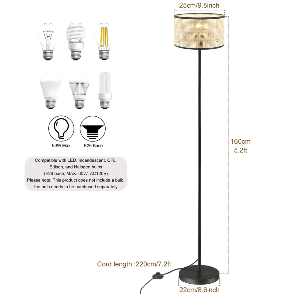 Винтажная напольная лампа с ротанговым абажуром стоячий свет для офиса учебы чтения - Изображение 2 из 4