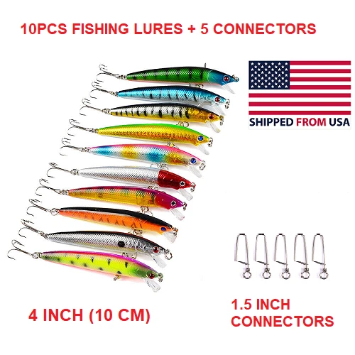 10PCS Fishing Lures Crankbaits Jerk bait Minnow Lot Hooks Crank Bait Bass Tackle