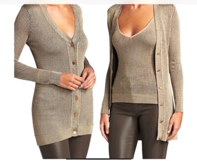 L AGENCE Women Cardigan Sz S Millie Long Ribbed Taupe Gold Metallic Party EUC