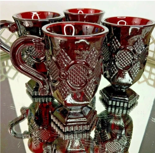 Avon Cape Cod Mugs Red 1876 Collection Coffee Chocolate Set 4 Pedestal Goth #35