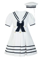 KIDS GIRLS NAVY WHITE SAILOR NAUTICAL PARTY WEDDING OUTFIT DRESS SET WITH HAT
