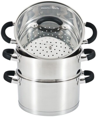 PREMIUM EDELSTAHL DAMPFGARER TOPFSET GLASDECKEL 3 ETAGEN PFANNE KOCHEN ESSEN