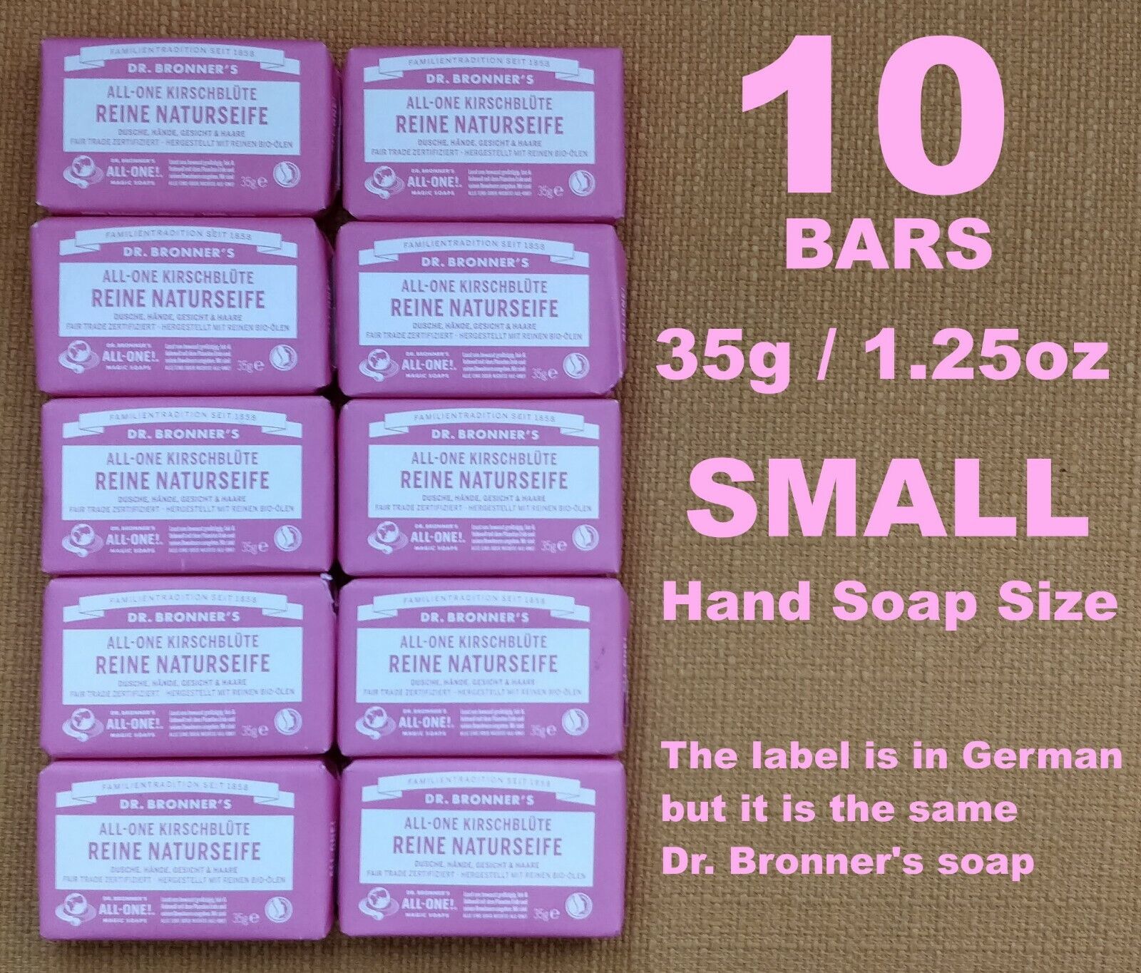 Dr Bronner's Cherry Blossom Pure Castile Soap Small Bar 35g 1.25oz (Pack of 10) 