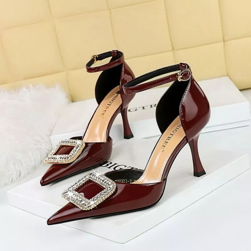 Zapatos de Salón 8CM Elegantes Burdeos Cinturón Cómodo Piel Sintético 79655