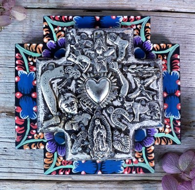Greek Cross Wood Milagros Hand Painted Floral Boarder Handmade Mexican Folk Art