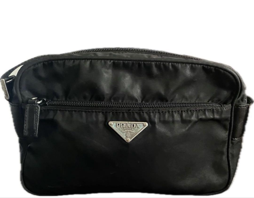 Prada Black Leather Camera Bag with Triangle Logo 23cm Designer Shoulder Bag