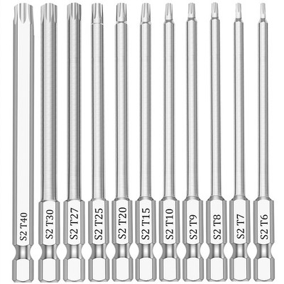 11 Piece Security Torx Bit Set (T6-T40), 1/4 Inch Hex Shank S2 Steel Small 
