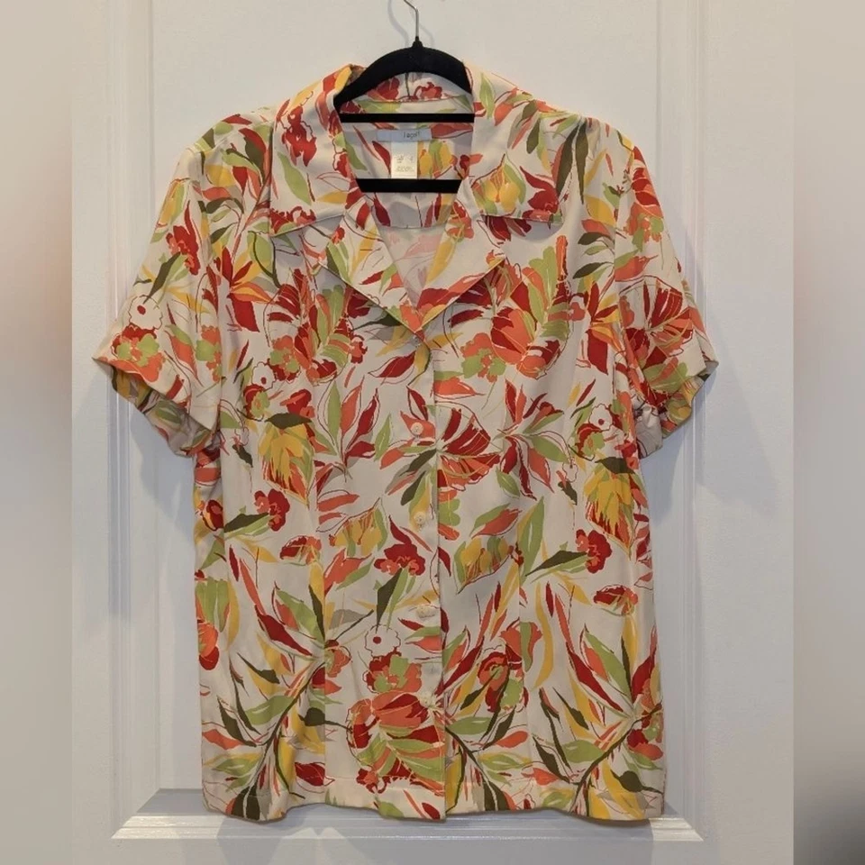 Blusa Liz Golf Vintage 100% Seda Estampa Floral Tropical Manga Curta Grande Top - Imagem 2 de 4