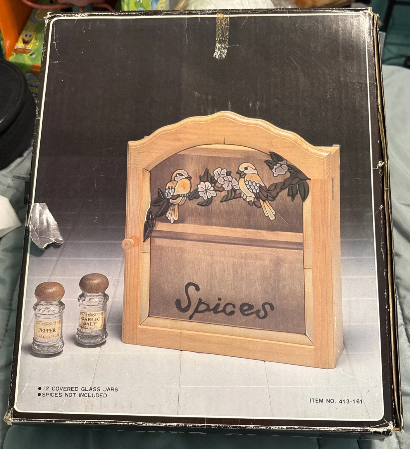 Vtg Spice Cabinet Stained Glass Door Wood Hand-Painted Birds 12 Jars New Rare