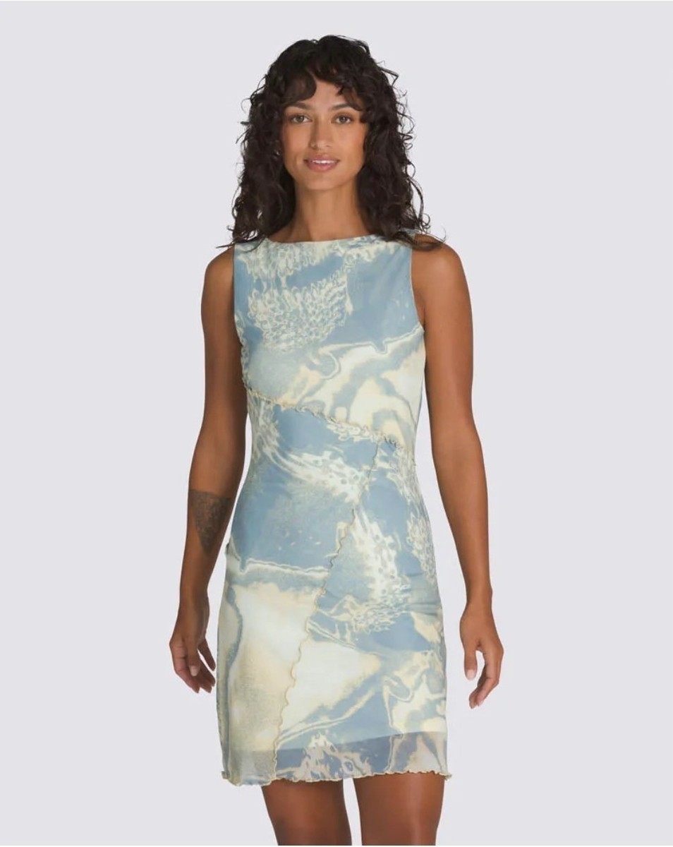 Vans Molly Mesh Mini Dress Banana Cream Blue Marble Print Y2K Style Sz  Small New