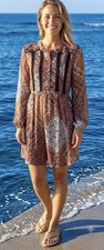 Davina Boho Peasant Dress Women Sheer 2 Pc Brown Blk Multi Floral XL Swiftcore