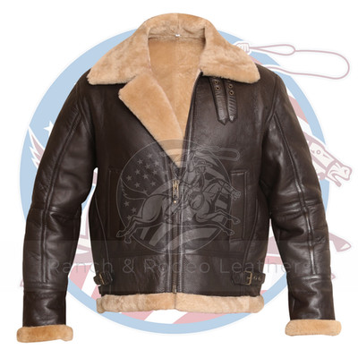 Mens Brown Aviator B3 Leather Jacket Shearling Fur Pilot Flying Bomber USA