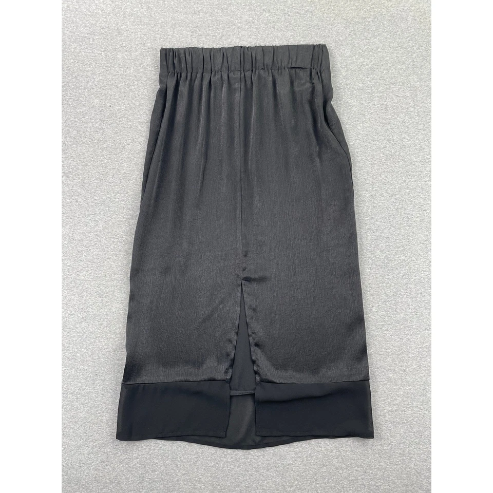 Pleione Skirt Womens S Black Satin Sheer Hem A-Line Midi Pull-On Elegant Classic - Image 2 of 4
