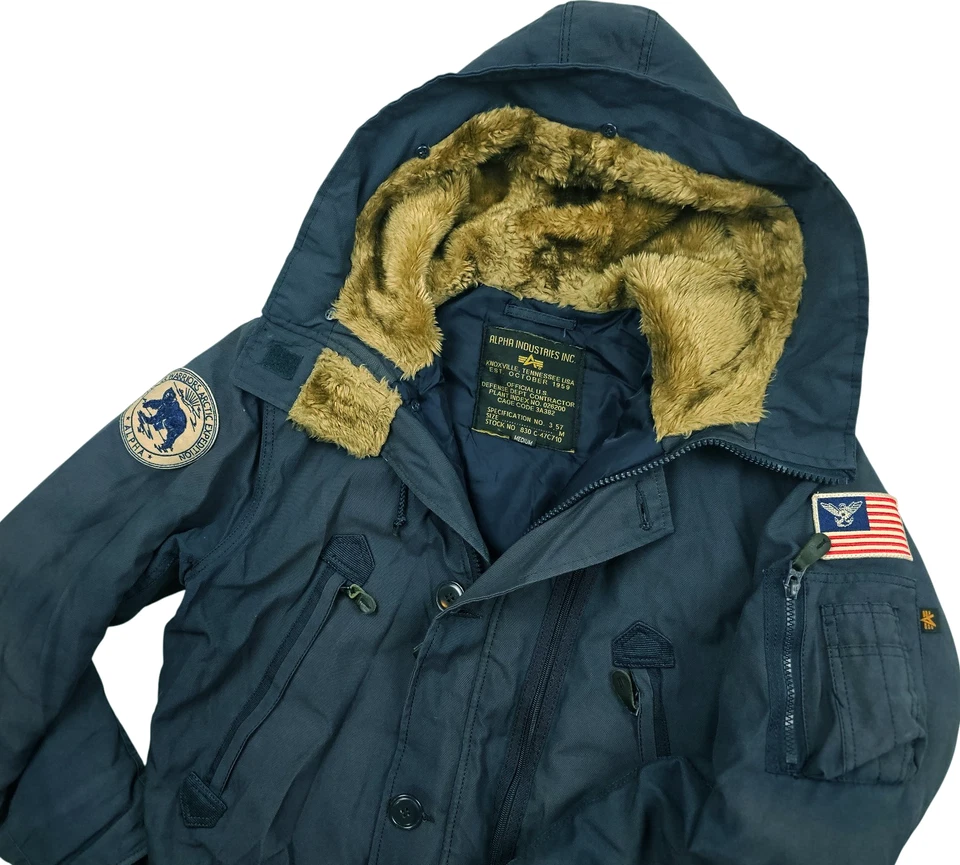 *HOT Men's ALPHA INDUSTRIES @ BOMBER PARKA HOOD EXPEDITION PATCHED NAVY Coat M - Image 3 of 4