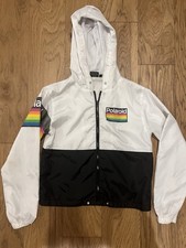 Polaroid Windbreaker Jacket Men  s Small White Black Rainbow Hooded Zip Up Retro