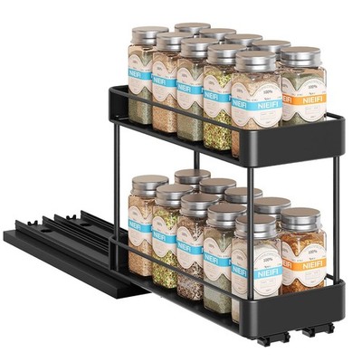 1 PCS 2 Tier Black Metal Pull Out Spice Rack 4.5x10.35x8.4 Inch Organizer