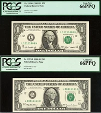 1999 & 2009 $1 FRN PCGS 66PPQ Fancy Binary Serial Number 11111888/88811111