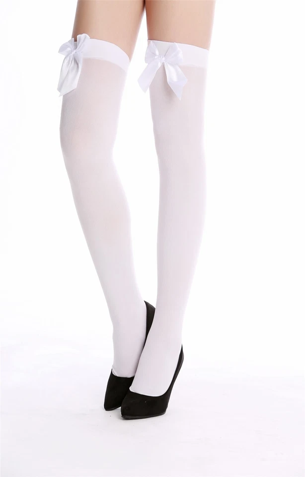 Strümpfe Damenstrümpfe Overknees Stockings Karneval weiß weiße Schleife WZ-001WP - Bild 3 von 3
