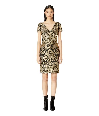 Marchesa Notte Metallic Embroidered Cocktail Dress ( Size 4 )
