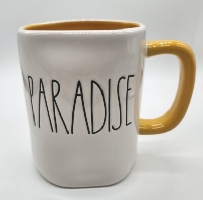 Rae Dunn ''PARADISE'' White Coffee Mug w/Yellow Inside/Handle NEW Tea Cup Ceramic