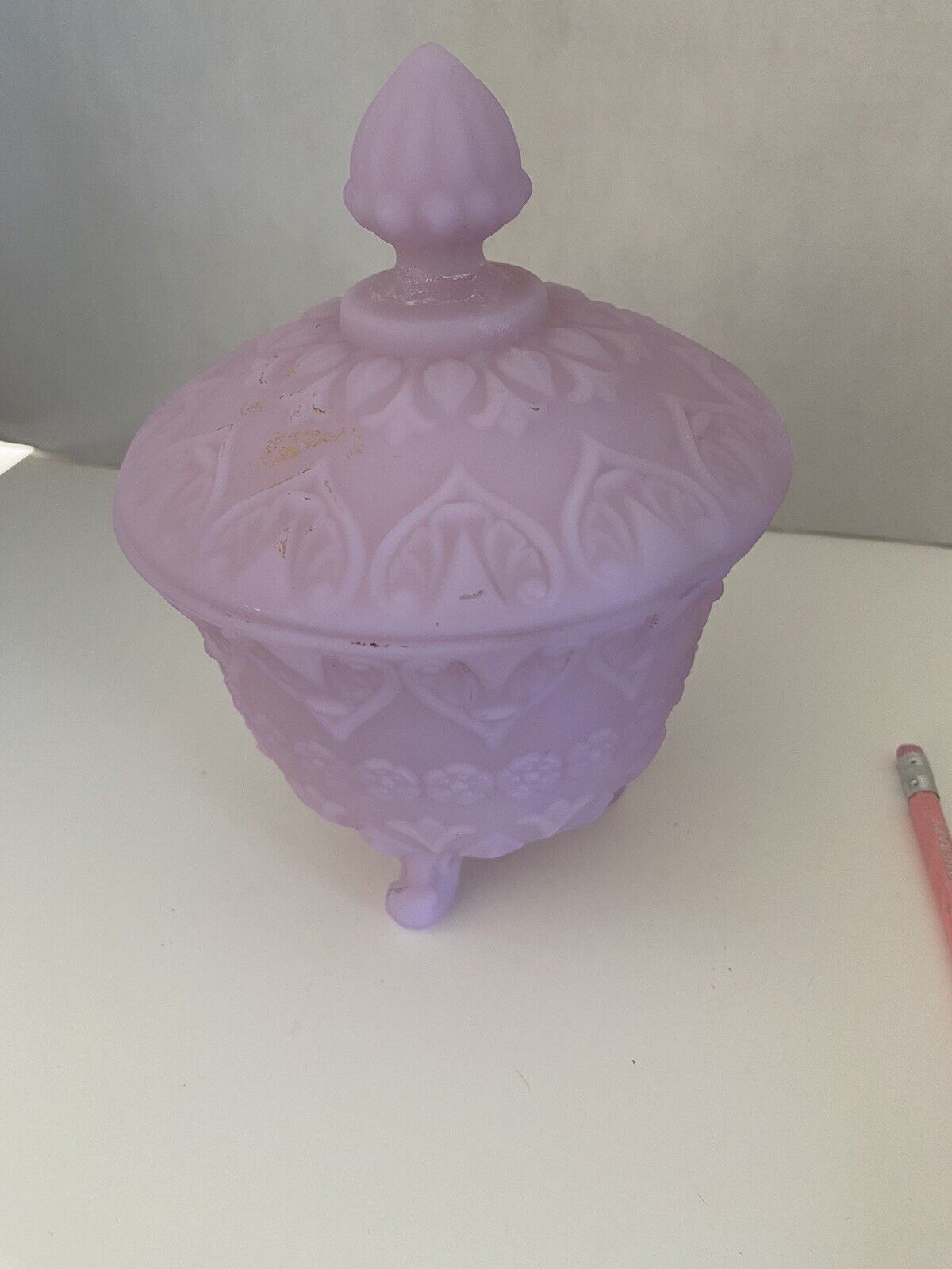 Vtg Fenton Glass Satin Lavender Baroque Covered Candy Dish 6.75” Tall 5” Dia