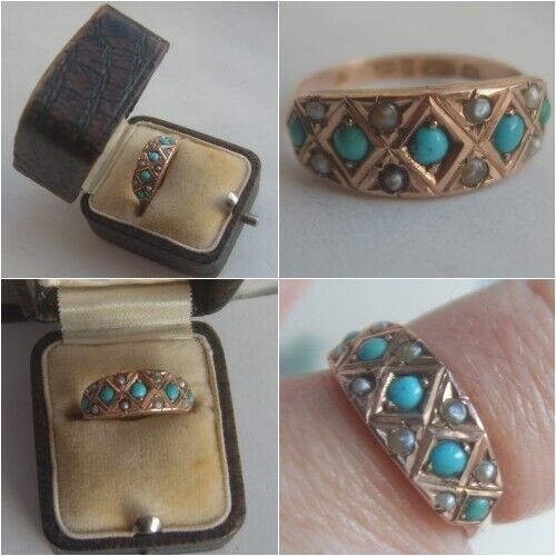 Victorian 9ct Rose Gold Turquoise & Seed Pearl Ring H/M Chester 1884 - Photo 1 sur 15