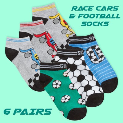 Jungen Baumwolle Sneaker Liner Socken 6 Paar tief geschnittene Söckchen Fußball Rennwagen UK