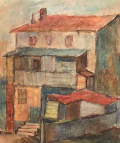 Antigua acuarela pintura paisaje casa - Imagen 2 de 11