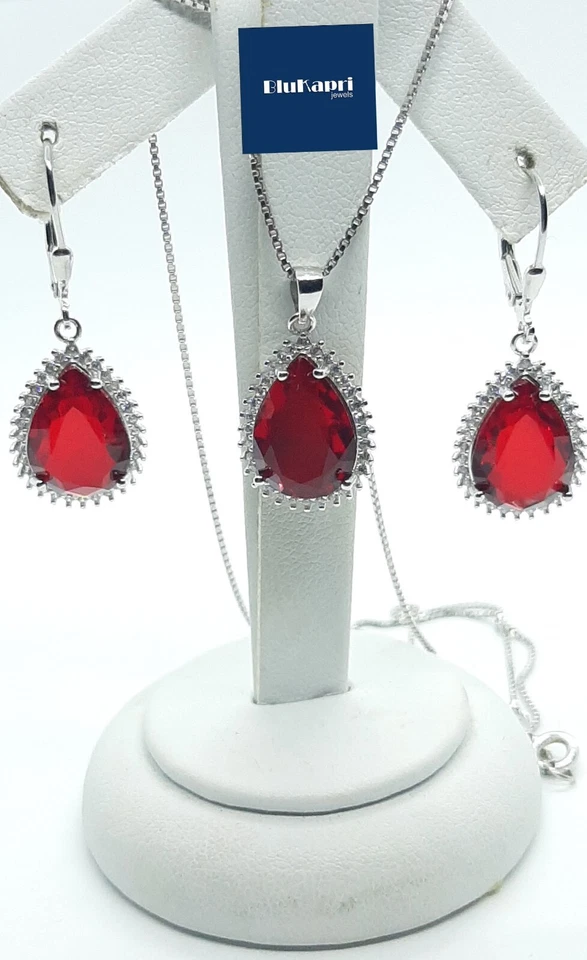 SET DONNA ORECCHINI  CIONDOLO E COLLANA  IN ARGENTO 925 STERLING ZIRCONI RUBINO - Immagine 4 di 4
