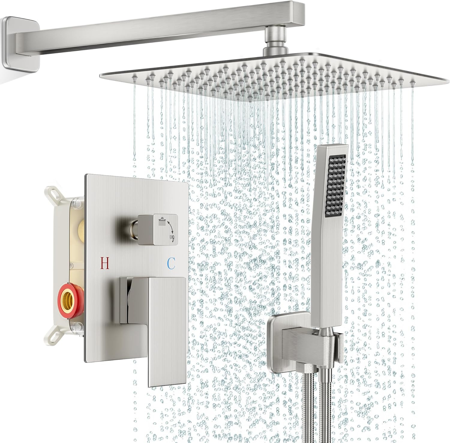 Square Rain Shower Faucet Set With Valve - 10 Inch Wall Moun