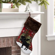 Faux Fur Trim Red Plaid Christmas Stocking Moose  Christmas Trees 18"